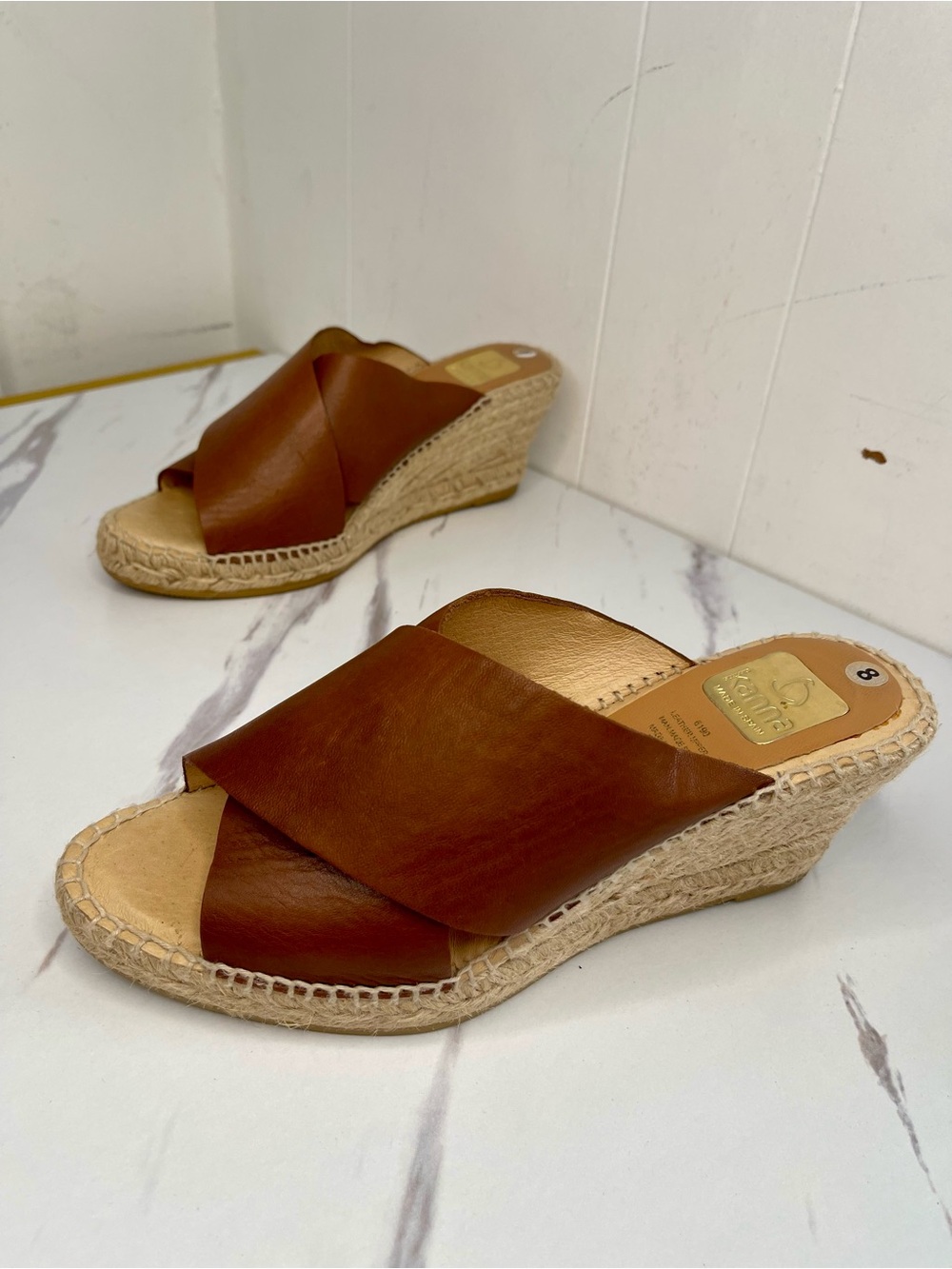 Kanna Brown Leather Espadrille Wedge Slide Size 8 made in Spain NWOT
